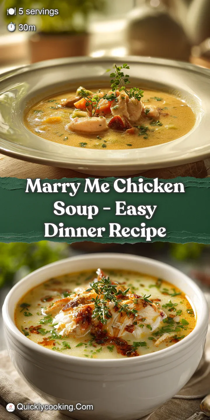 Close-up of rich and creamy chicken soup with plump chicken and bright herbs, showing a glistening, appetizing surface. Vi...