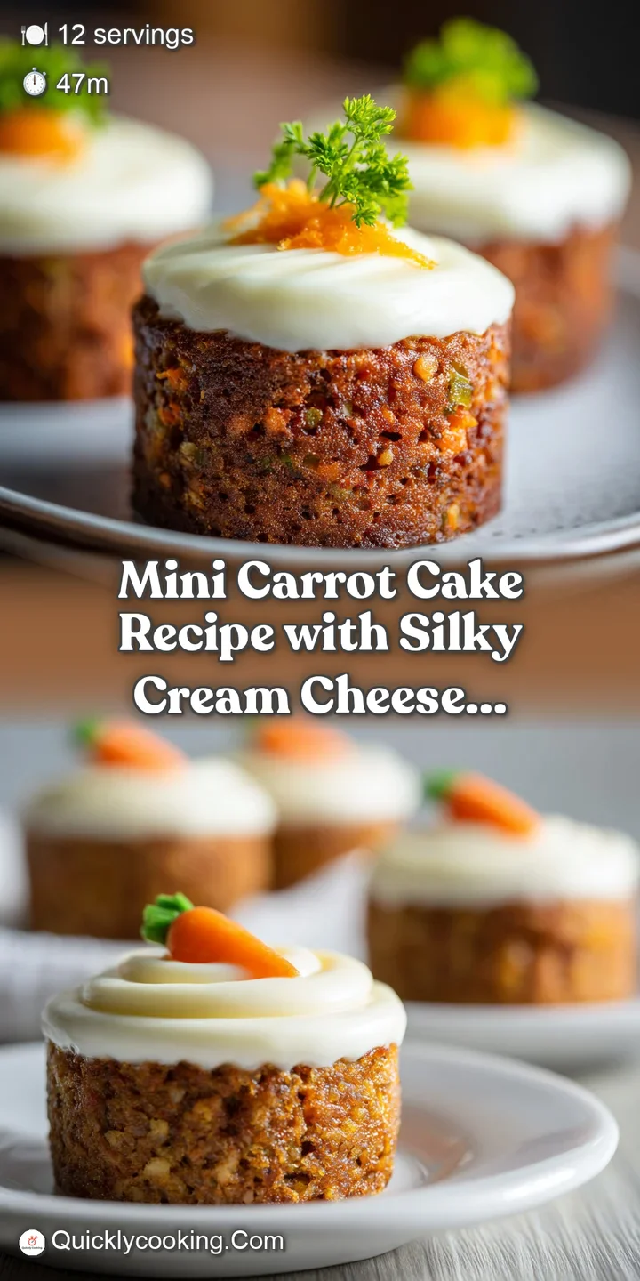 Close-up reveals the moist crumb and vibrant colors of a mini carrot cake, topped with rich cream cheese frosting and pine...