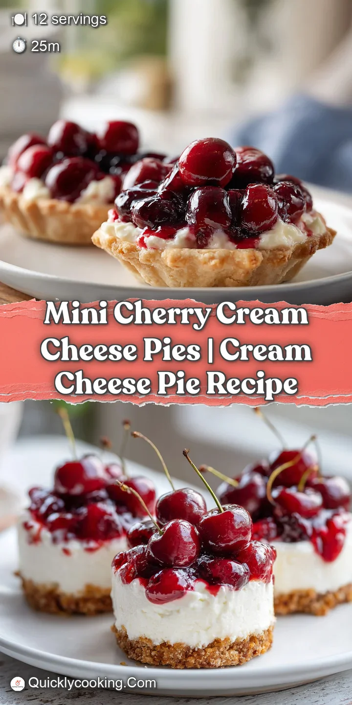Close-up of a mini pie, bright red cherries nestled in creamy filling, showcasing the pastry's delicate, golden-brown crust.
