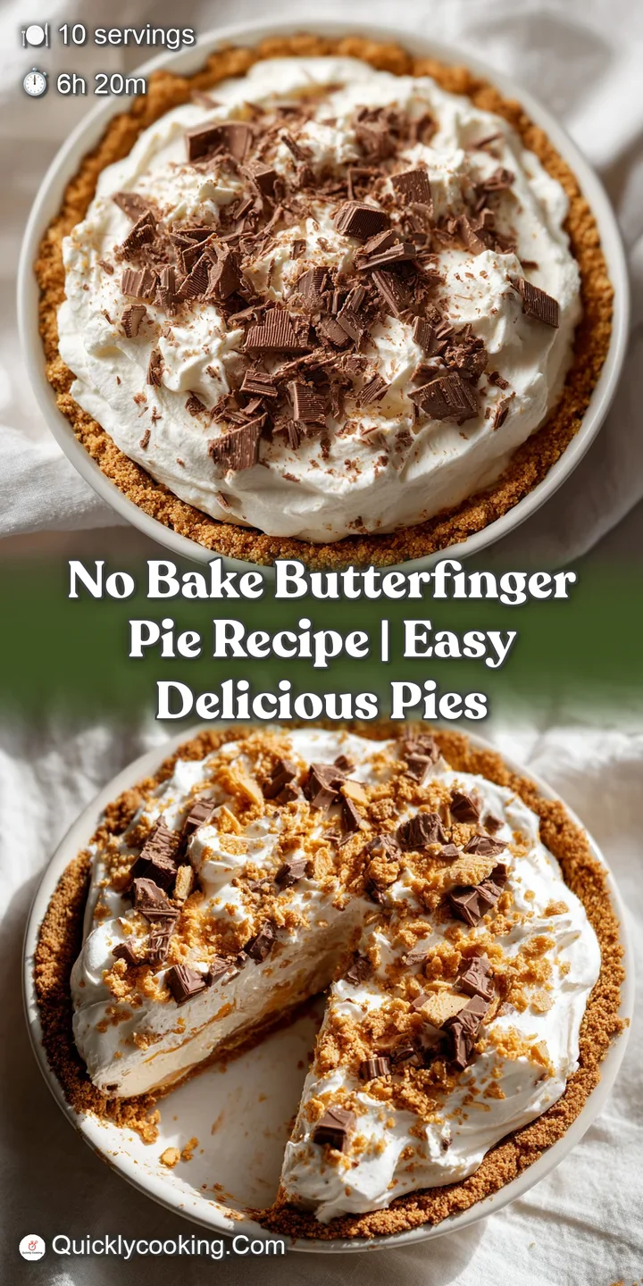 Close-up of the pie's surface, showing the creamy tan filling contrasting with the rough texture of the crushed candy topp...