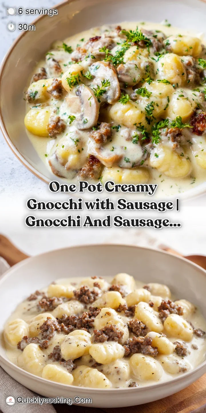 Close-up of tender gnocchi coated in a glossy, creamy sauce with golden-brown sausage bits and a sprinkle of black pepper.