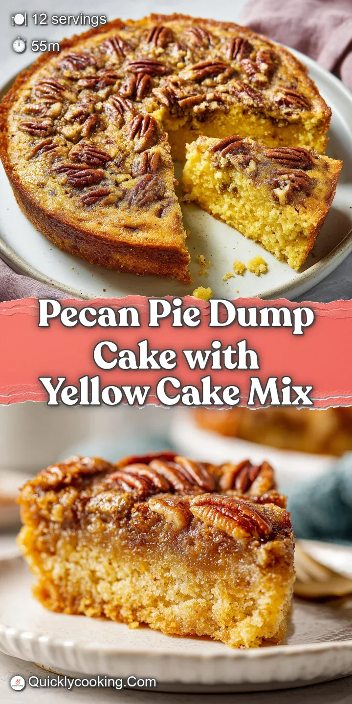 Close-up of a moist pecan dump cake, golden crust with pecans, bubbly texture, with a soft, tender cake peaking through th...