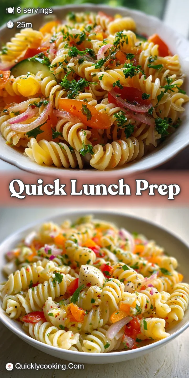 Close-up of cold pasta salad reveals al dente noodles, juicy tomatoes, and crisp peppers coated in a bright, flavorful Ita...