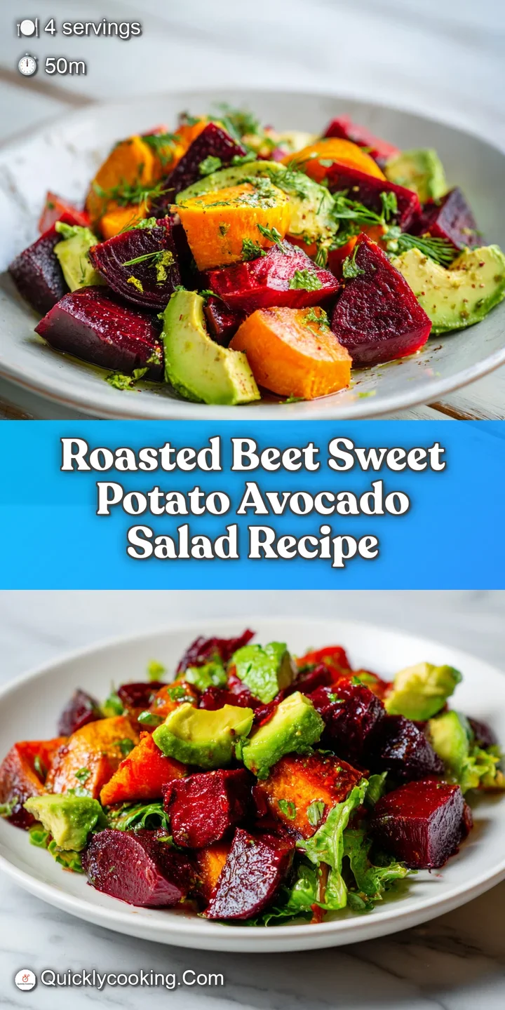 Close-up of a healthy salad showcasing the earthy hues of roasted beets and sweet potatoes contrasted with bright green av...