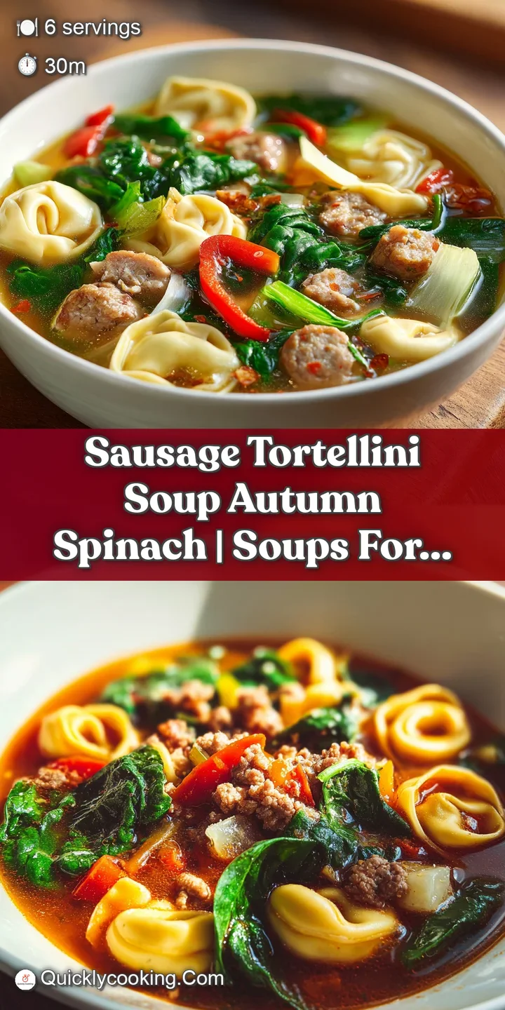 Close-up of savory sausage tortellini soup; plump tortellini & fresh spinach contrast a creamy, flavorful broth.
