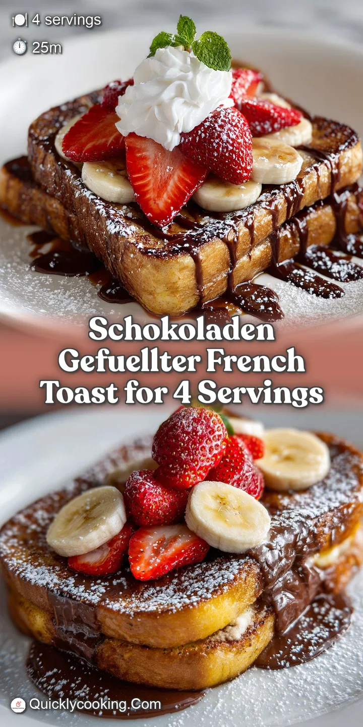 Close-up of a decadent chocolate-filled French toast slice; melting chocolate and powdered sugar create a tempting, irresi...