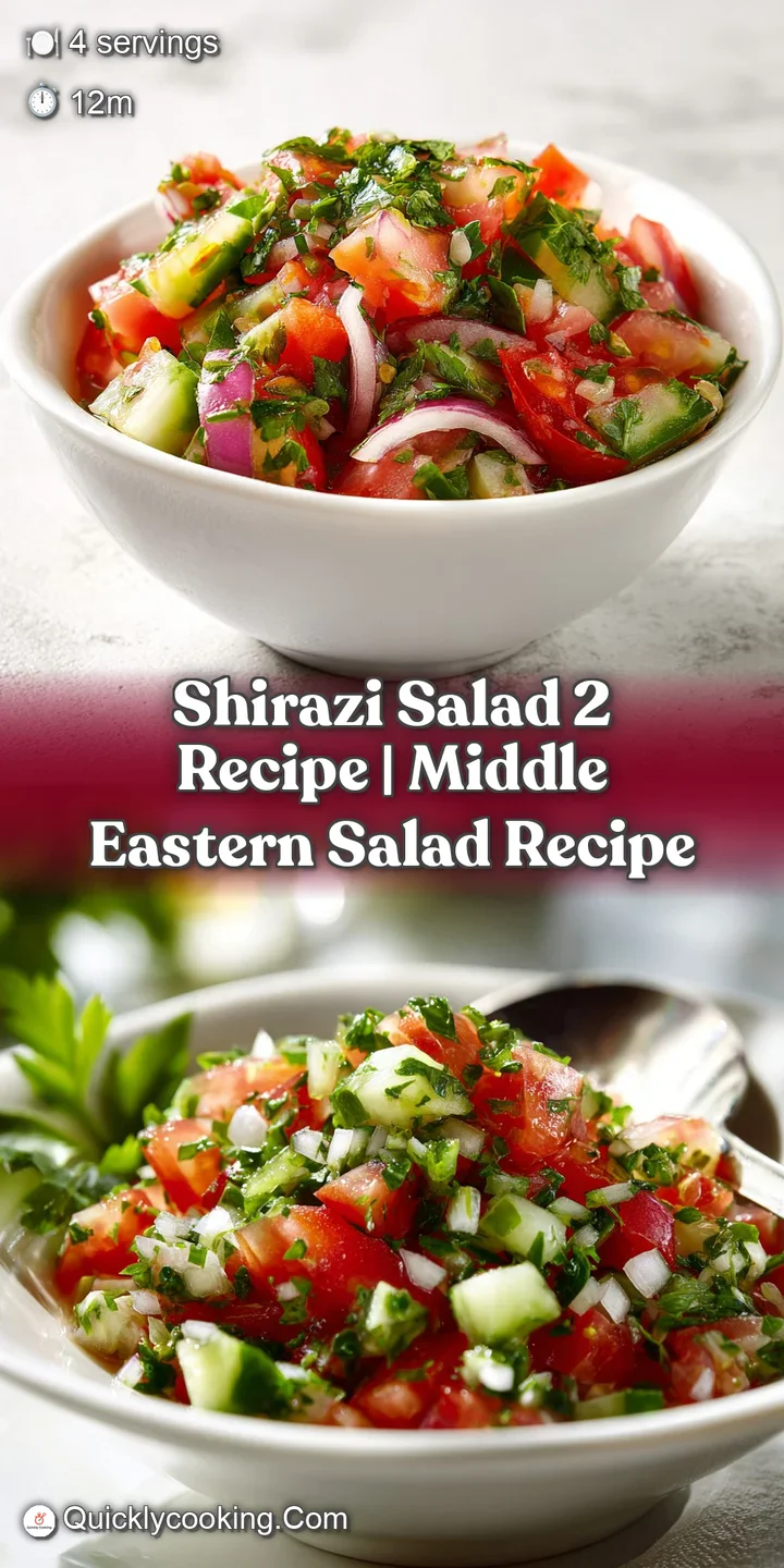 Close-up of a Shirazi salad; glistening diced cucumbers and tomatoes, with herbs, in a light dressing, look refreshing.