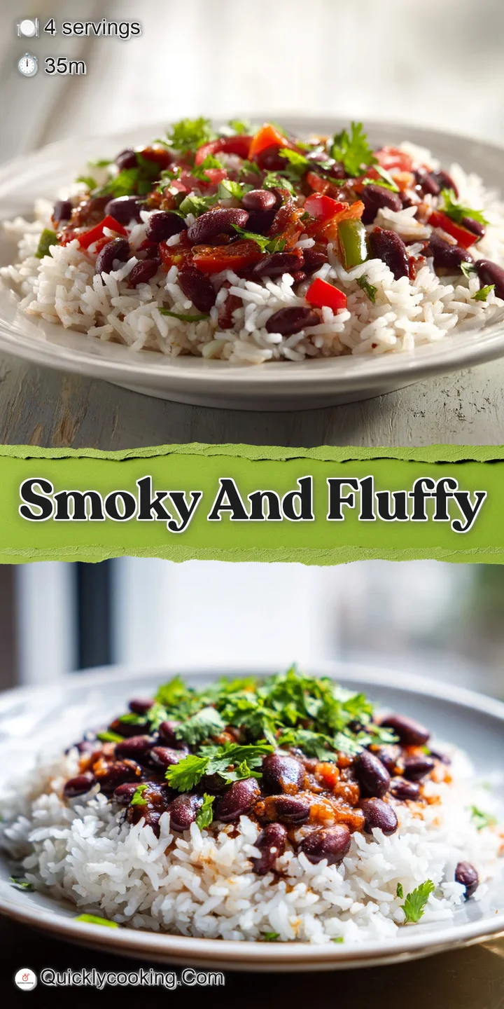 Steaming, savory rice and beans with hints of chili flakes, inviting aroma jumps from the bowl in an enticing close-up view.