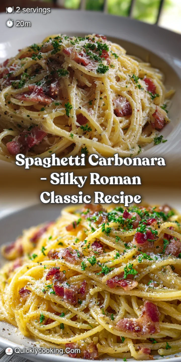Close-up of rich, creamy spaghetti carbonara. Shiny strands coated in sauce with bits of guanciale and cracked black pepper.
