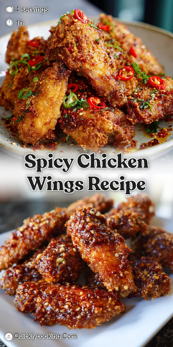 Close-up of a juicy, crispy chicken wing dripping with bright red, spicy sauce, showcasing its tempting texture and vibran...