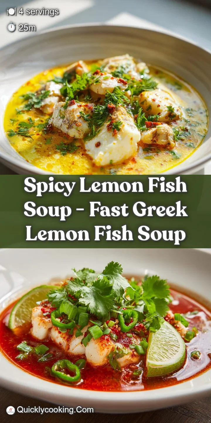 Close-up of flaky white fish in a zesty lemon broth, vibrant with chili flakes and fresh herbs, visually appetizing.