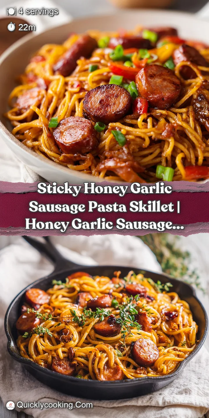 Close-up of plump, browned sausage chunks and al dente pasta coated in a shiny, thick honey garlic glaze.