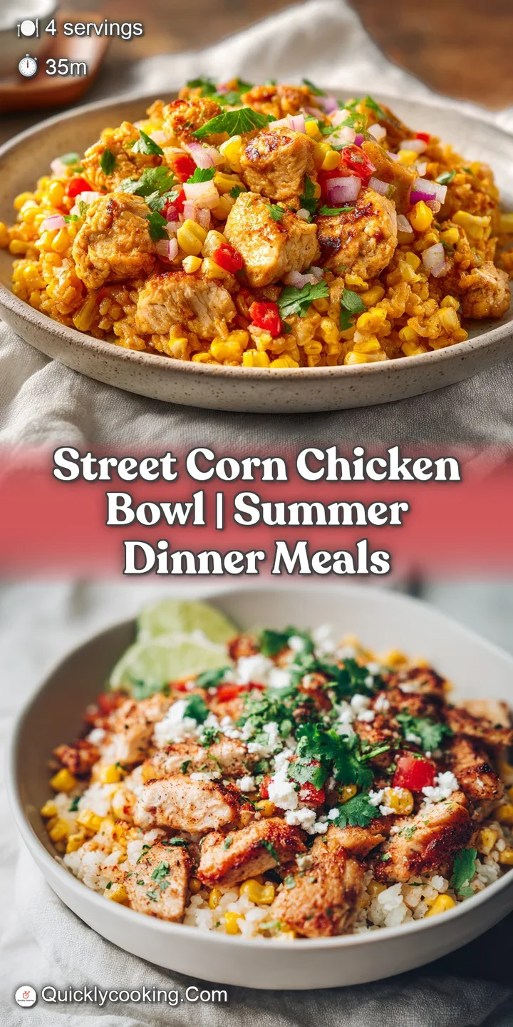 Close-up of juicy grilled chicken and sweet corn kernels coated in smoky elote seasoning with bright cilantro.
