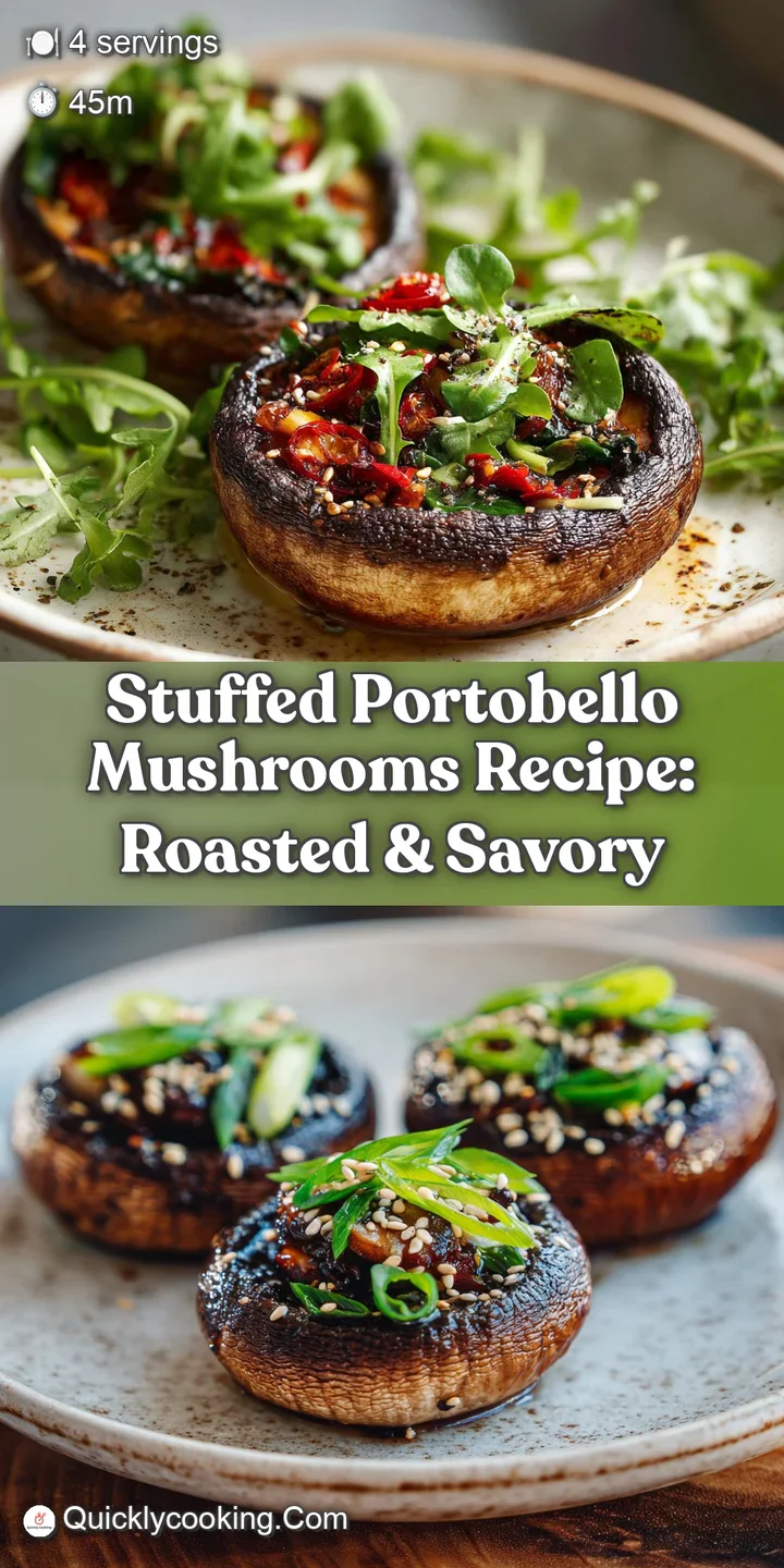 Close-up: A warm, inviting stuffed portobello, bursting with savory filling, showcasing its rich, browned top and delicate...