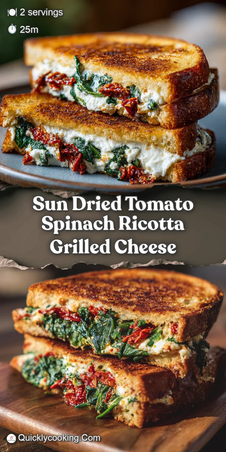Close-up of a grilled cheese bite, melted ricotta stringy and oozing. Sun-dried tomatoes, bright spinach, and toasted brea...