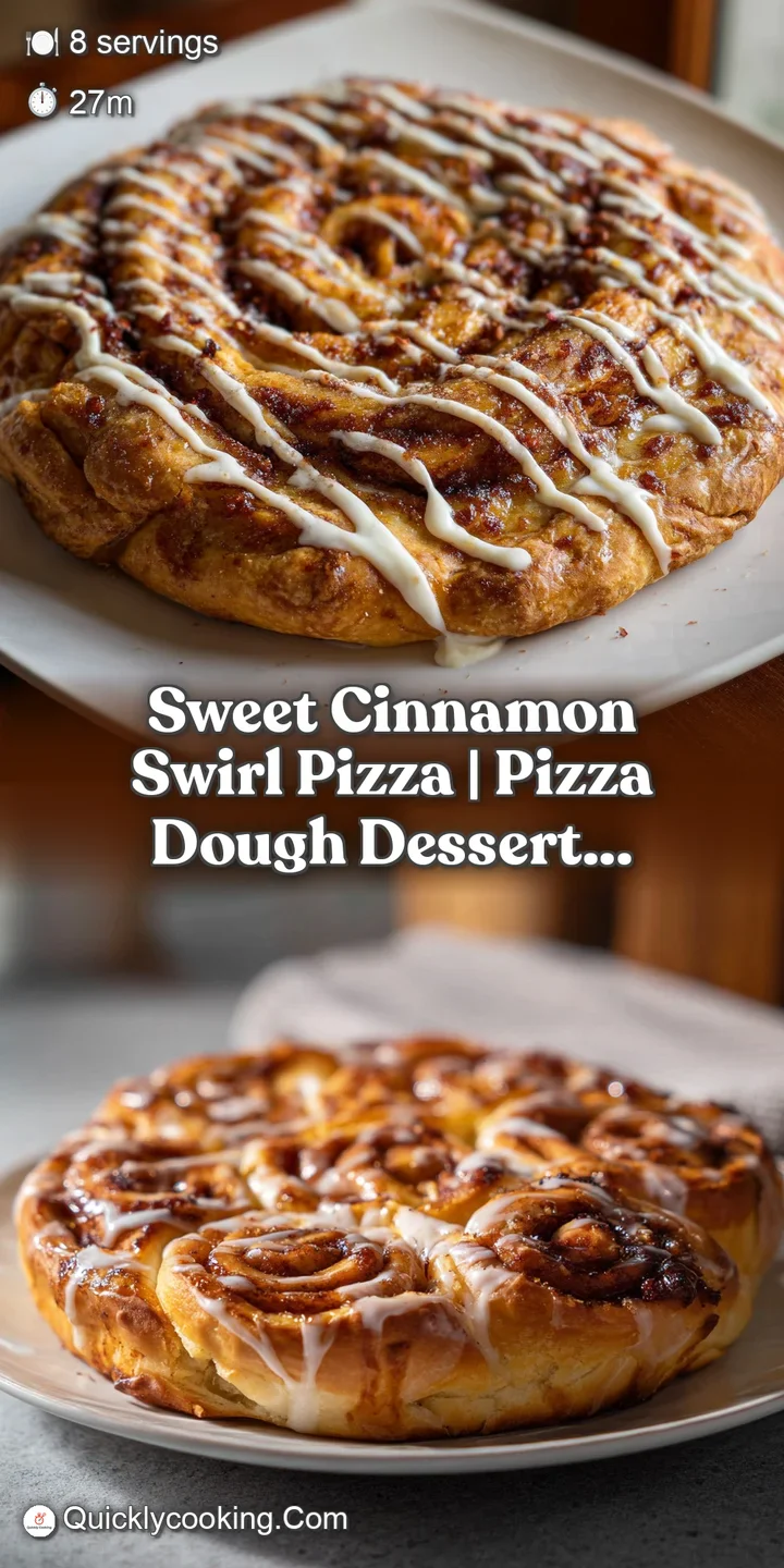 Close-up of a bubbly, golden pizza crust generously coated in cinnamon sugar with a white glaze drip.