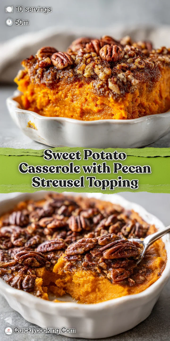 Close-up of bubbling sweet potato casserole with a golden-brown pecan crust, highlighting the smooth, rich texture underne...
