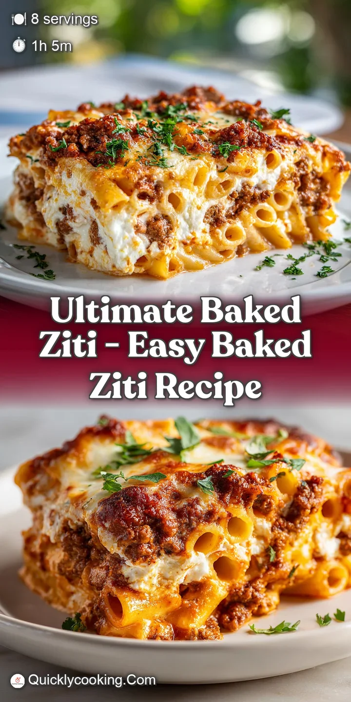 Close-up of rich red sauce clinging to tender ziti pasta, topped with bubbly, browned cheese.