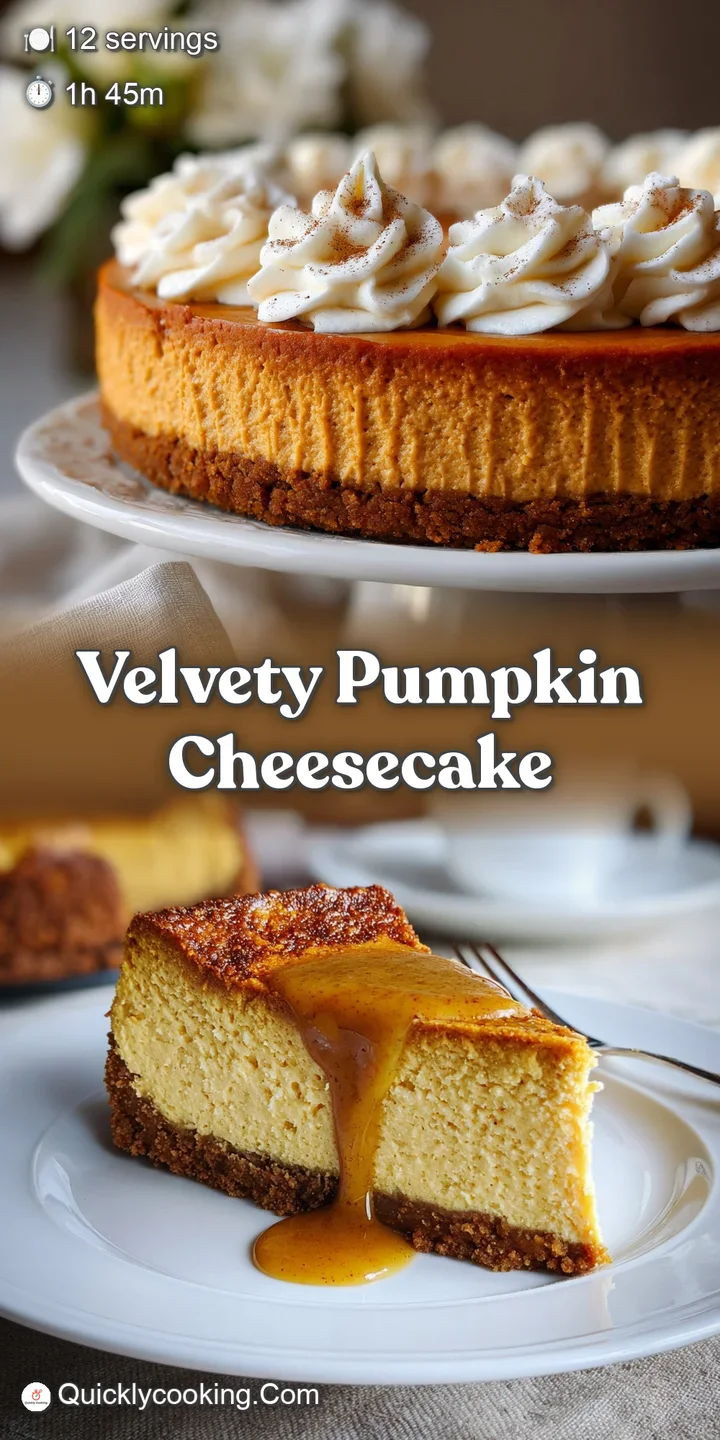Close-up shot of pumpkin cheesecake, creamy and dense, with a visible dark gingersnap crust & hints of warm spices.