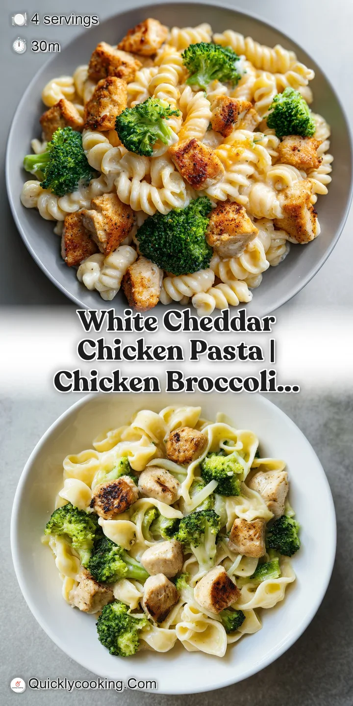 Close-up of glistening pasta coated in a rich, velvety white cheese sauce with tender pieces of seared chicken.