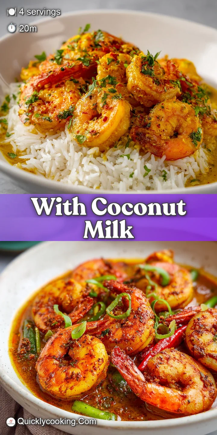 Close-up of coconut curry shrimp, showcasing the plump shrimp, textured coconut flakes, and glistening pools of spicy, fra...