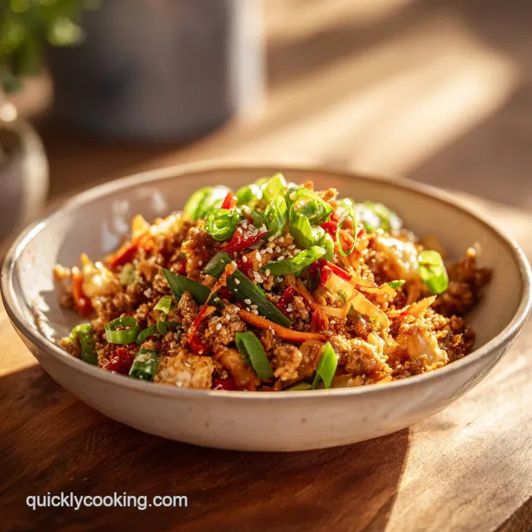 A scoop of savory egg roll filling, plated beautifully with a sprinkle of sesame seeds, glistening with savory sauce on top.