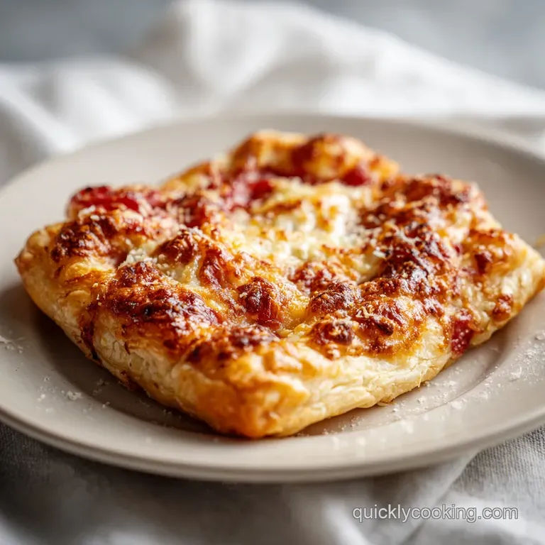 Individual puff pastry pizza tart on a white plate. Flaky crust, melted cheese, and herbs create an inviting, simple meal.