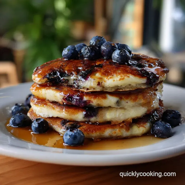 Delicate pancakes with plump blueberries, lightly dusted with powdered sugar, artfully arranged on a white plate. A simple...