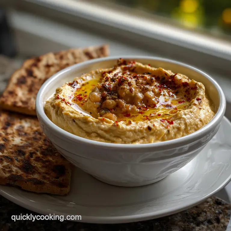Creamy, whipped hummus in a rustic bowl. Garnished with bright parsley, glistening olive oil, and a sprinkle of vibrant re...