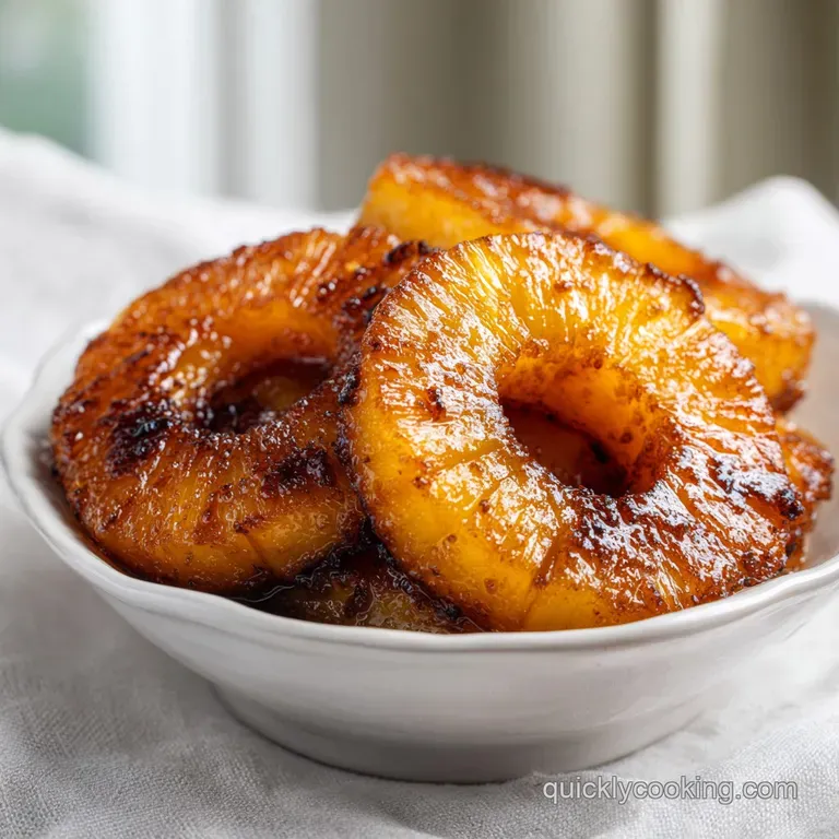Caramelized pineapple slices topped with fresh mint and a drizzle of syrup on a clean white porcelain dinner plate.