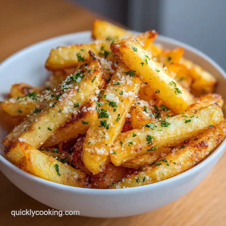 A neat stack of golden fries, dusted with herbs and Parmesan, served in a white ramekin.