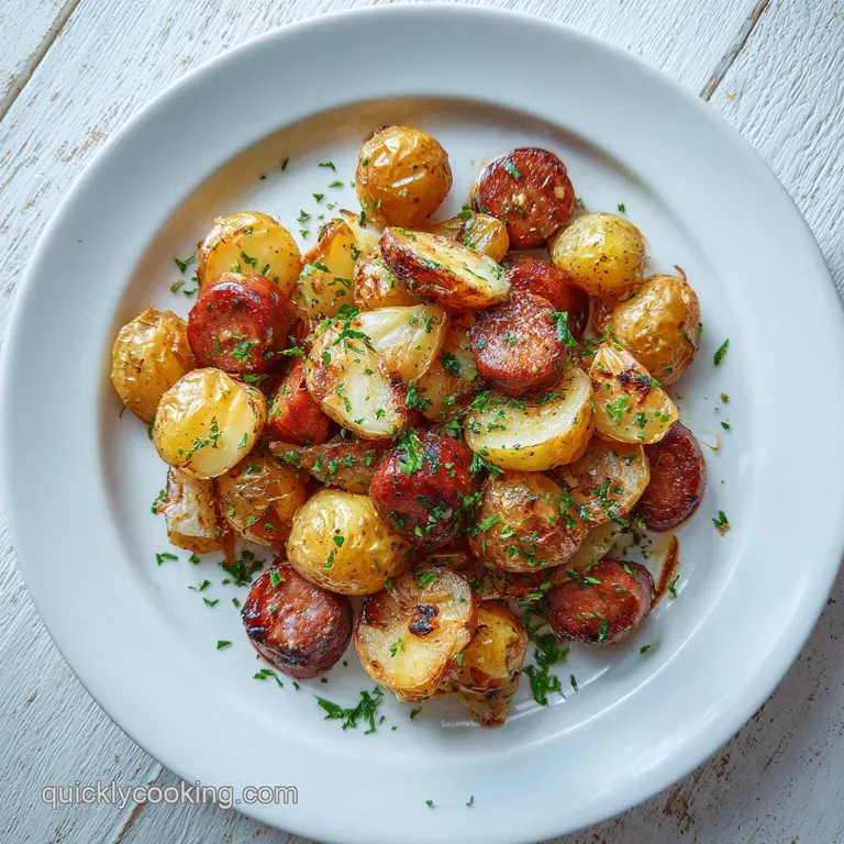 Hearty air fryer potatoes and sausage artfully arranged on a rustic white plate, garnished with fresh parsley.