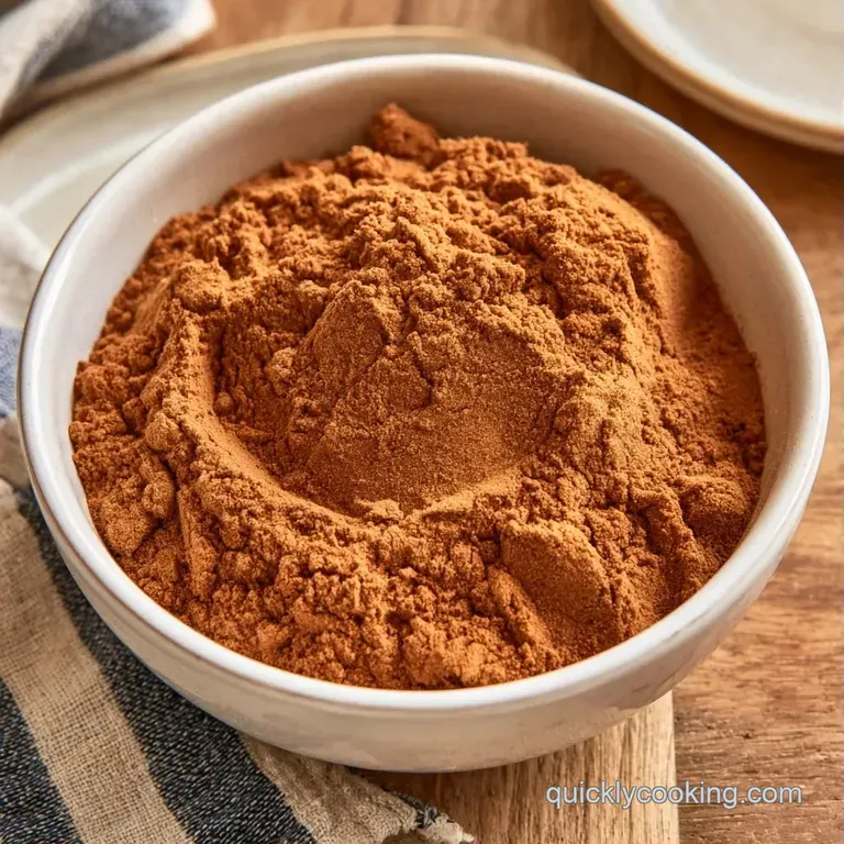 A small ceramic bowl of aromatic brown spice powder next to cinnamon sticks and star anise on a white linen cloth.