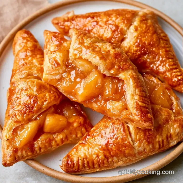 Three warm, triangular pastries arranged on a white marble platter with a light dusting of powdered sugar.