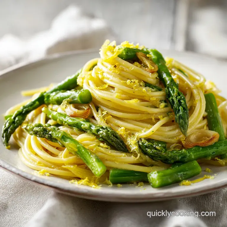 Twirled pasta topped with tender green asparagus and lemon wedges on a white plate, dusted with parmesan flakes.
