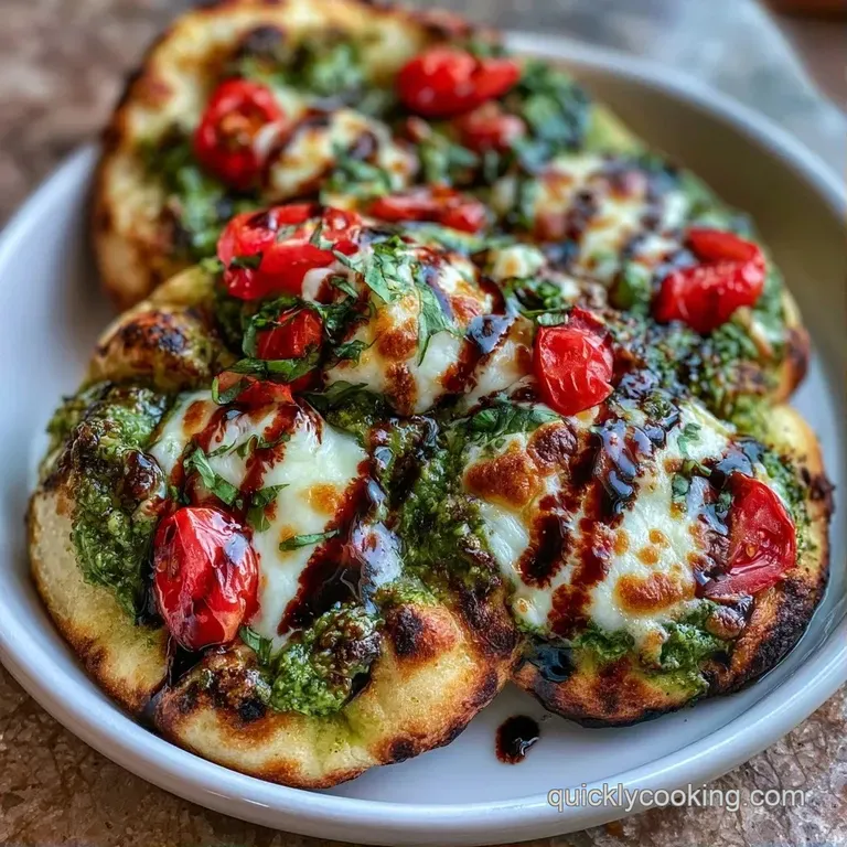 Slices of toasted flatbread topped with melted cheese, green herb sauce, and glossy brown swirls on a ceramic plate.