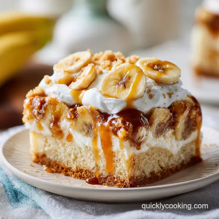 A generous slice of banana pudding poke cake, showcasing layers of creamy filling and tender cake, garnished with fresh ba...