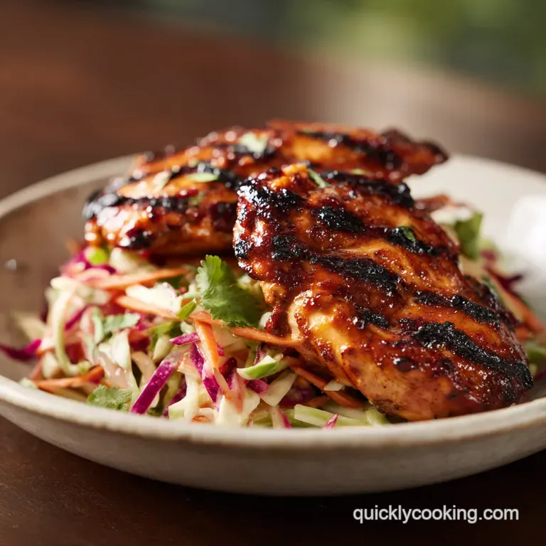 BBQ chicken coleslaw artfully plated, garnished with fresh herbs. Chicken glistens, cabbage is crisp, dressing looks rich.