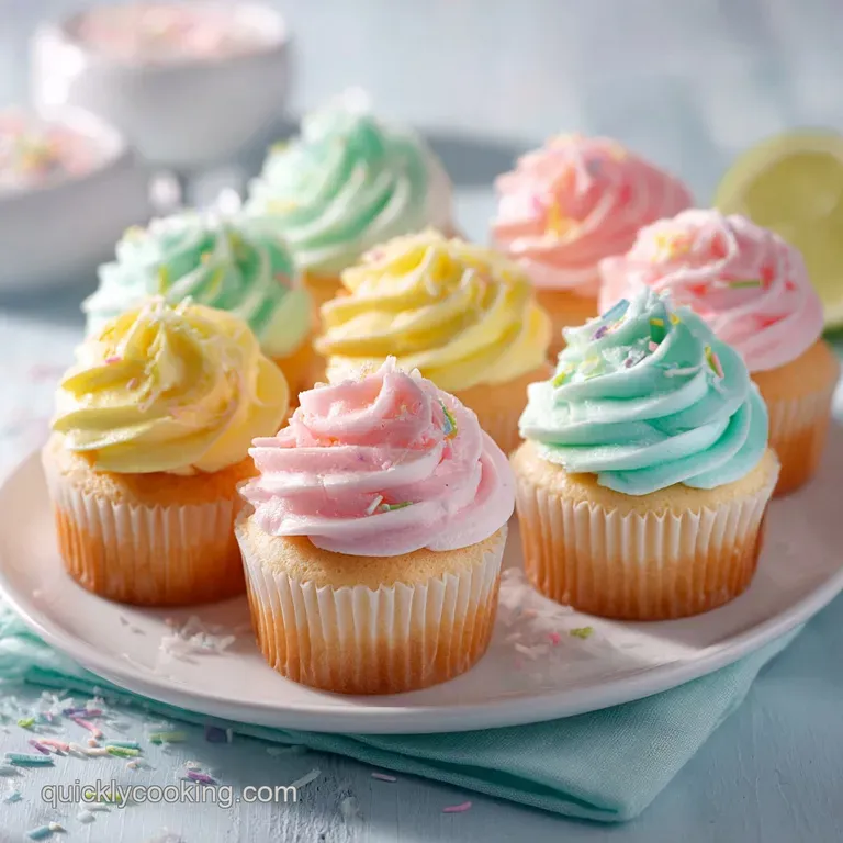A trio of pastel-frosted cupcakes arranged on a white plate, adorned with tiny edible seashells and vibrant sugar pearls.