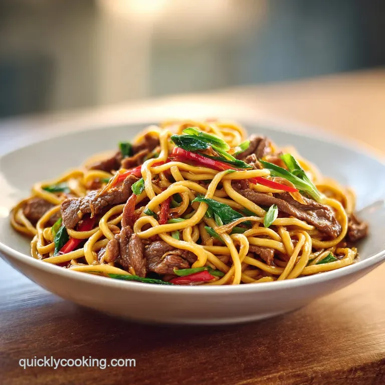 Steaming chow mein elegantly plated. Brown noodles intertwined with vibrant peppers and beef, sprinkled with green onions ...