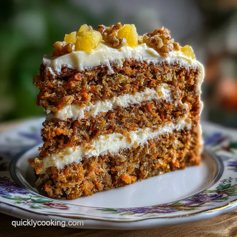 Slice of moist carrot cake on a white plate, the pineapple visible, next to a fork, dusted with powdered sugar.