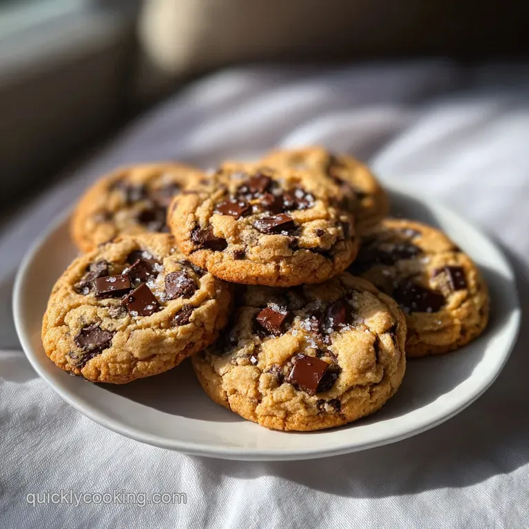 A stack of warm chocolate chip cookies with gooey chocolate chunks sits beside a tall glass of cold milk on a rustic woode...