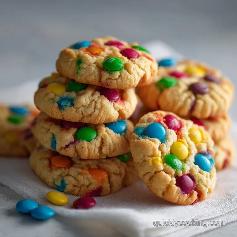 Stack of warm, freshly baked M&M cookies on a white plate. Chocolate chunks glisten, hinting at a soft, chewy center.