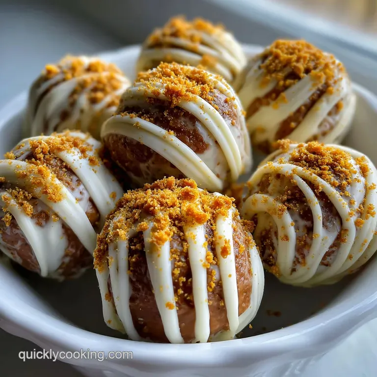 Stacked Biscoff truffles on a dessert pedestal. Crumbs scatter around the base. Creamy, rich, and inviting dessert photogr...