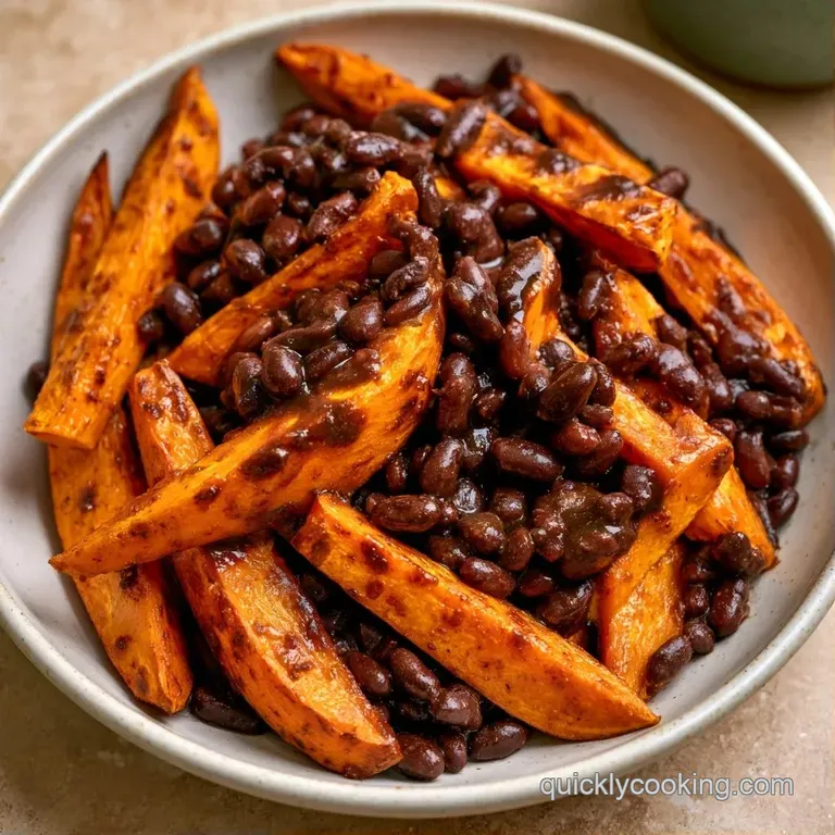 Two charred orange potato halves stuffed with savory beans, topped with lime wedges on a clean white ceramic plate.