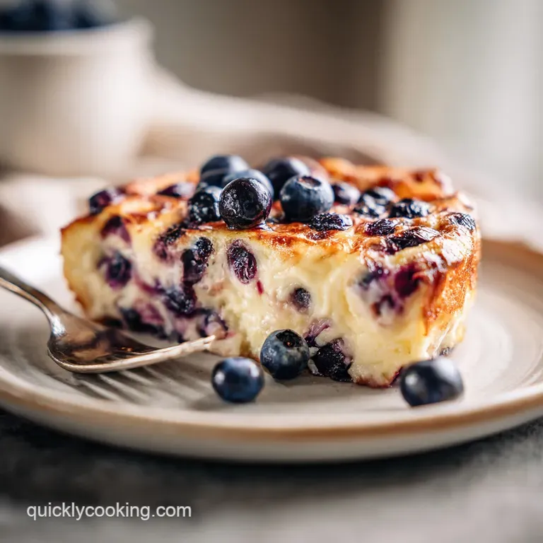 A generous slice of fluffy pancake casserole, golden-hued and bursting with blueberries, on a white plate.