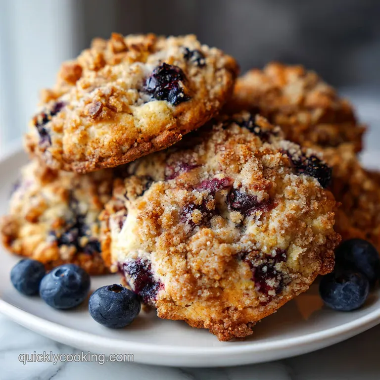 A stack of rustic blueberry muffin cookies, speckled with purple, resting on a linen napkin, hinting at a soft, crumbly in...