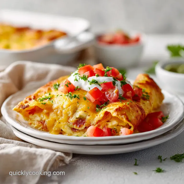 A single breakfast enchilada plated beautifully with vibrant toppings. Cheese drips down the side, inviting a warm, savory...