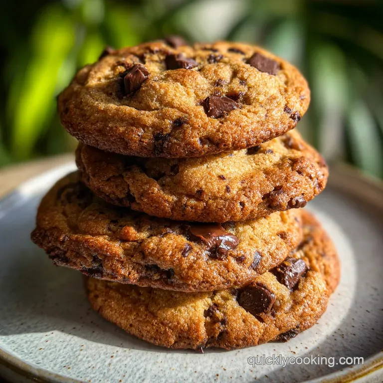 Stack of warm brown butter chocolate chip cookies on parchment paper, crumbs scattered, hinting at a gooey center. Rustic ...