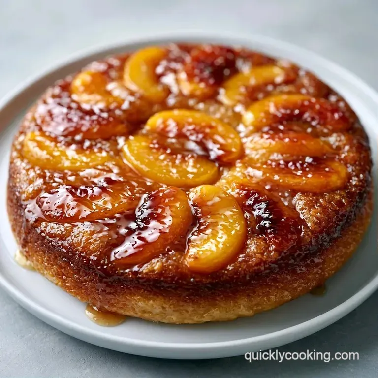 A moist slice of warm cake with peaches on a ceramic plate with a swirl of cream and a fresh mint leaf garnish